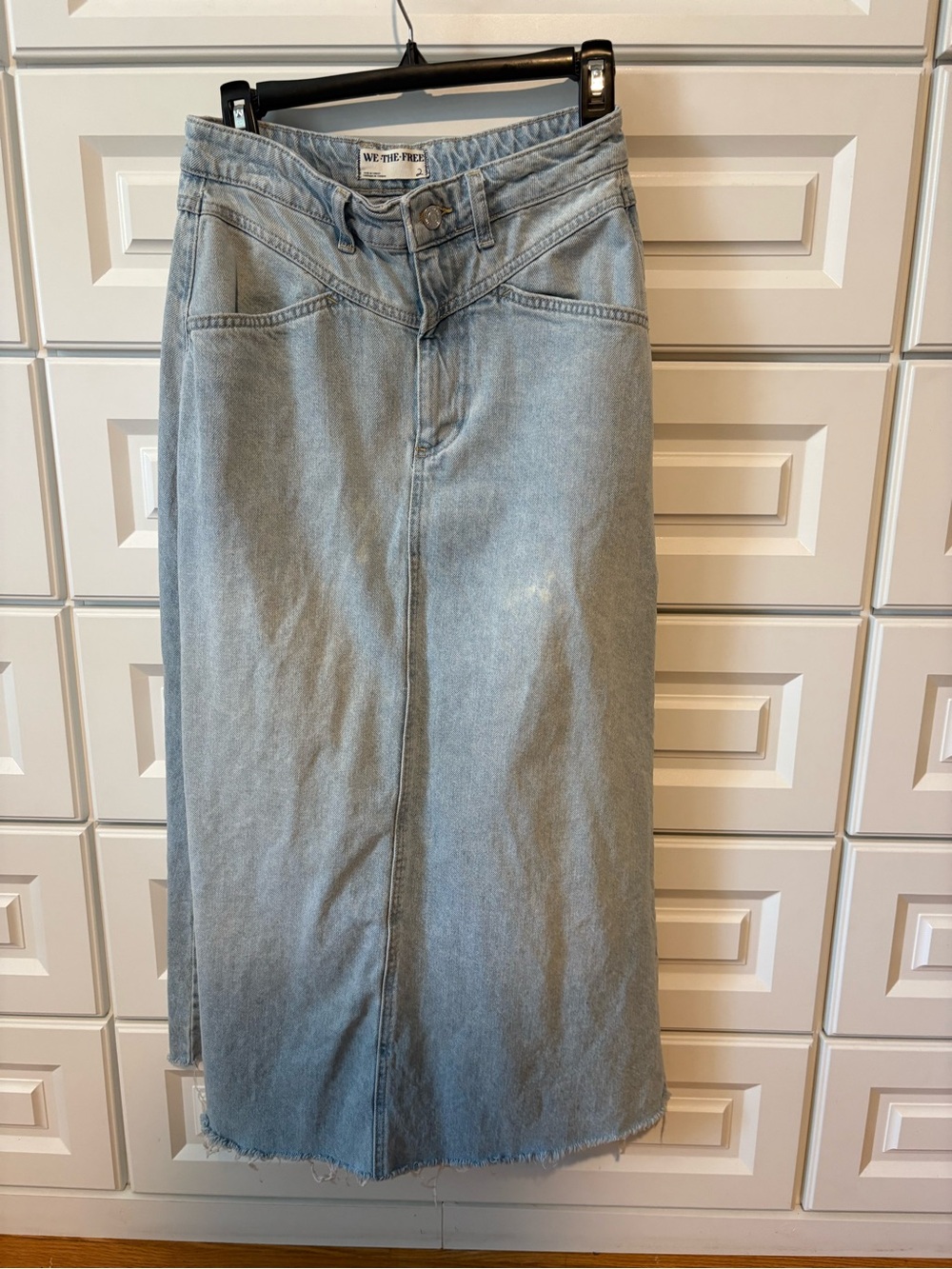 We The Free Pale Blue Denim Skirt with Contrast Stitching
